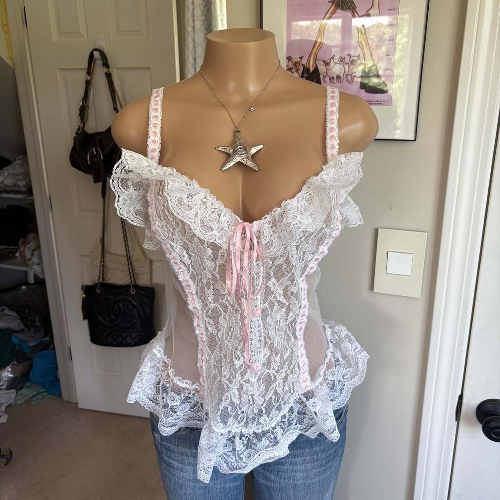 00s white & pink lace lingerie top (size L)